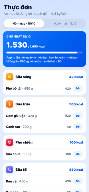 Màn thực đơn trong ngày của app Fipilot AI